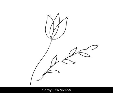 Durchgehende einzeilige Zeichnung einer Blume mit Blättern. Tulpe. Strichgrafik. Naturbegriff, Ökologie, organische Formen. Weißer Hintergrund. Designelement für Druck, Postkarte, Scrapbooking, Malbuch. Stock Vektor
