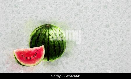 Obst und Gemüse in Aquarellfarben. Wassermelone. Text und Preis können auf der rechten oder oberen Seite des Bildes geschrieben werden. Stockfoto