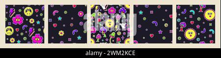 Groovige psychedelische, nahtlose Retro-Muster. Dunkle y2k Trippy-Bilder. Stock Vektor