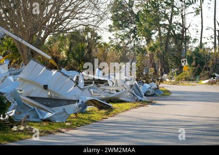 Metallschrott am Straßenrand, der durch Hurrikans schwer beschädigte Häuser in Florida Wohngebieten verursacht wurde. Die Folgen der Naturkatastrophe Stockfoto