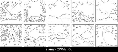 Vektorsatz von schwarzen und weißen abstrakten Hintergründen mit Wolken, Sternen, Mond, Garten, Feld, Zauberwald. Fantasy World Line Scenes Kollektion. Fairyt Stock Vektor