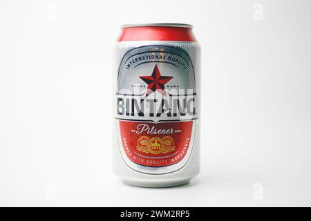 Schließen Sie eine Dose Bintang Pilsener Bier isoliert auf weißem Hintergrund Stockfoto