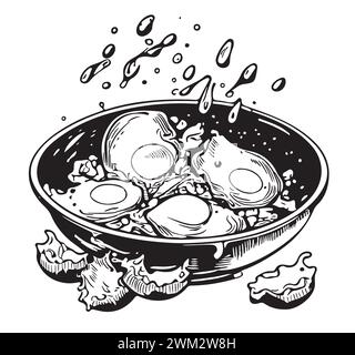 Schwenken mit Eiern Skizzenstil Vektorillustration. Alte Gravurnachahmung. Pfanne mit Eiern handgezeichnete Skizzenimitation Stock Vektor