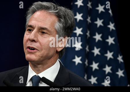 Buenos Aires, Argentinien. Februar 2024. Antony Blinken, US-Außenminister, spricht während einer Pressekonferenz im Präsidentenpalast Casa Rosada. Quelle: Fernando Gens/dpa/Alamy Live News Stockfoto