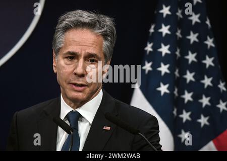 Buenos Aires, Argentinien. Februar 2024. Antony Blinken, US-Außenminister, spricht während einer Pressekonferenz im Präsidentenpalast Casa Rosada. Quelle: Fernando Gens/dpa/Alamy Live News Stockfoto