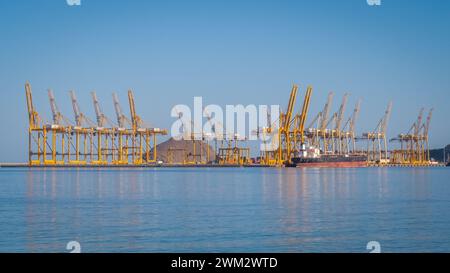 Hafenkrane, die Containerschiffe im Hafen von Fujairah, Vereinigte Arabische Emirate, verladen. Reihen gelber Hafenkräne gegen blaues Meer und Himmel. Stockfoto