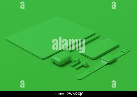 Computer-Tablet aus Aluminium mit Eingabestift, Smart Watch, Telefon und Kopfhörern auf monochromem Hintergrund. 3D-Renderkonzept der kreativen Designerausrüstung und Stockfoto