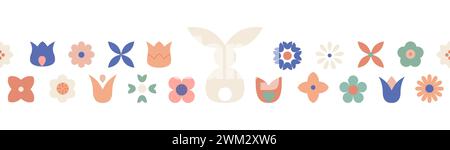 Abstrakte süße, nahtlose Ostergrenze mit Frühlingsblumen, Osterhase. Poster für Washi Tape, Karte, Tasse. Stock Vektor