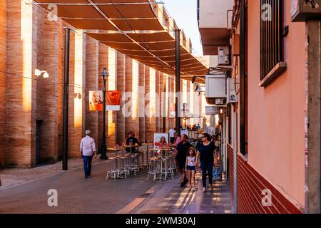 Straße im historischen Zentrum von Mérida mit Markisen zum Schutz vor der Sommersonne. Mérida, Badajoz, Extremadura, Spanien, Europa Stockfoto