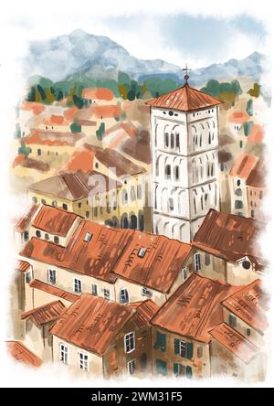 Italienisches Stadtpanorama. Alter Uhrturm. Fliesendächer. Italienische Architektur. Digitale Illustration mit Aquarell Stockfoto