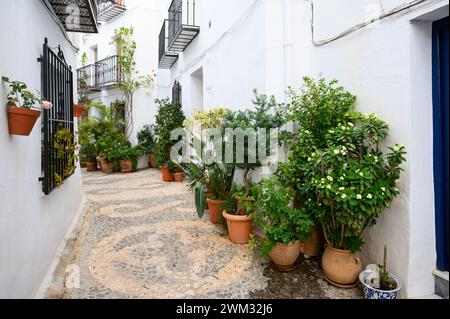 Bergab und steile bergauf Straßen in einem der schönsten Dörfer Spaniens, Frigiliana, Malaga, Spanien. Stockfoto