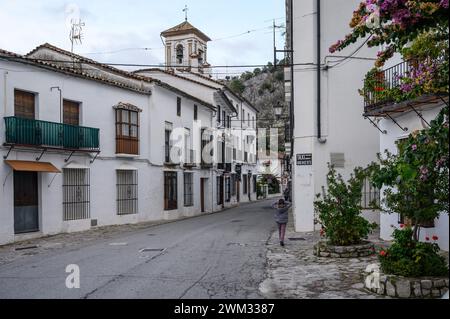 Typische enge und sehr hübsche Straßen eines andalusischen Dorfes mit weißen Häusern in Grazalema, Cadiz, Spanien. Stockfoto