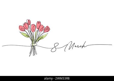 8. März, Frauentag, Tulpenblumenstrauß Tulpenlinie Kunstzeichnung, eine durchgehende Linienzeichnung und Text. Für Grußkarte Stock Vektor