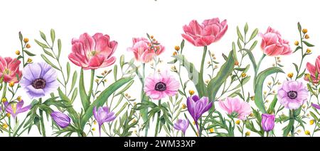 Nahtloser Rand mit Frühlingsblumen und Pflanzen. Pinkfarbene Doppeltulpen, bunte Anemonen, Krokusse und wilde gelbe Blumen. Aquarell Stockfoto