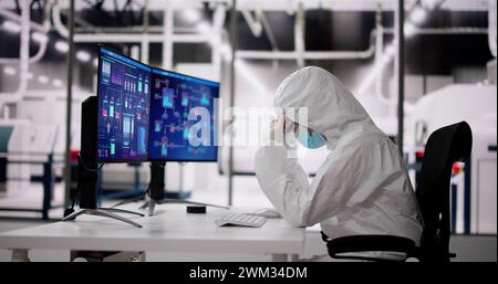 Unglücklicher Müder Arbeiter In Der Sterilen Halbleiterfabrik Stockfoto