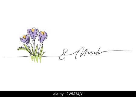 8. März, Frauentag, Blumenstrauß Krokusstich, eine durchgehende Linienzeichnung und Text. Für Grußkarte Stock Vektor