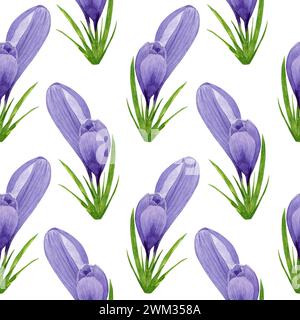 Aquarell lila Krokusse nahtloses Muster, Frühlingsblumen Digitalpapier auf weißem Hintergrund. Handgemalte Blumenabbildung. Für Textildesign, S. Stockfoto