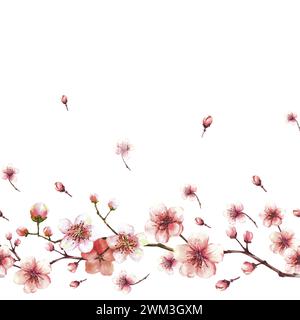 Blühender Zweig von Baum-, Sakura-, Kirsch- oder Apfelknospen und Blumen nahtlose Ränder, Muster. Frühlingsblüten, Frühlingsaquarell Clipart. Hand Stockfoto