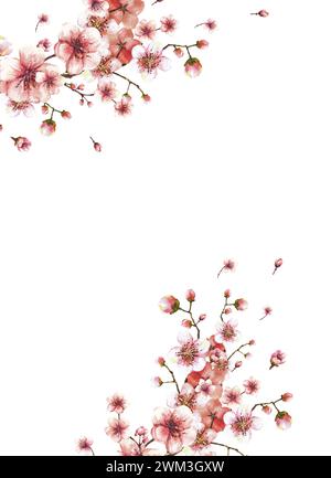 Ein blühender Zweig aus Federbaumschablone. Sakura-, Kirsch-, Apfel- oder Aprikosenknospen und Blumenblüten im Frühling mit Aquarellen für Postkarten Stockfoto