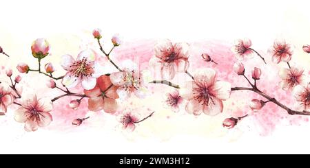 Blühender Zweig von Baum-, Sakura-, Kirsch- oder Apfelknospen und Blumen nahtloser Rand, Muster auf Aquarellflecken Hintergrund. Frühlingsblüten Stockfoto