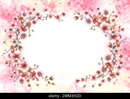 Blühender Zweig vom Frühlingsbaum ovale Banner Illustration handgezeichnete Blüten Sakura, Kirsch- oder Apfelknospen und Blumen auf Aquarellflecken Stockfoto