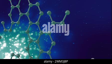 Bild von Mikro-3D-Molekülen über leuchtenden Lichtern auf blauem Hintergrund Stockfoto