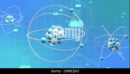 Bild eines 3D-Mikros von Molekülen und chemischen Symbolen auf blauem Hintergrund Stockfoto