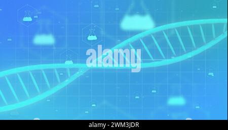 Abbildung eines 3D-Mikros mit dna-Strang und chemischen Symbolen auf blauem Hintergrund Stockfoto