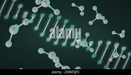 Bild eines 3D-Mikros von Molekülen und dna-Strängen auf grünem Hintergrund Stockfoto