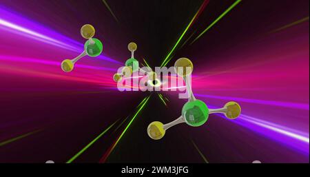 Bild eines 3D-Mikros von Molekülen und Lichtspuren auf schwarzem Hintergrund Stockfoto