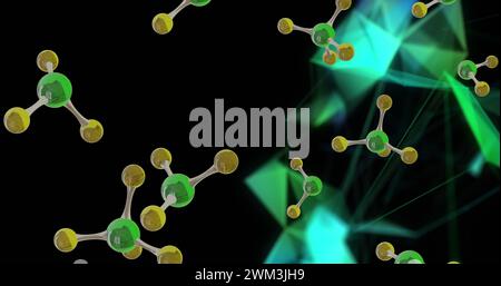 Bild eines 3D-Mikros von Molekülen und Lichtspuren auf schwarzem Hintergrund Stockfoto