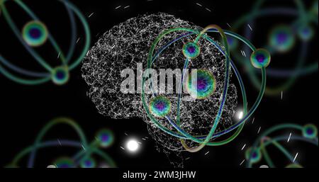 Bild des 3D-Mikros von Molekülen und menschlichem Gehirn auf schwarzem Hintergrund Stockfoto