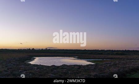 Blick auf den kleinen See an der atlantikküste in der Nähe des Strands Praia da Ponta da Areia in der Abenddämmerung, Vila Real Santo Antonio, Algarve, Portugal Stockfoto