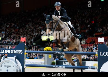 Rolf-Göran Bengtsson aus Schweden mit Lyjanair während des CSI5*-W Preises von Volkswagen bei der Göteborg Horse Show am 23. Februar 2024, Skandinavium, Schweden (Foto: Maxime David - MXIMD Pictures) Stockfoto