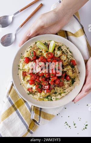 Gebratene Blumenkohltomaten und Hummus-Salat auf weißem Hintergrund topview Stockfoto