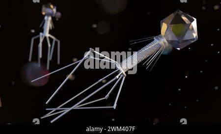 3D-Darstellung von Bakteriophagen, auch informell als Phagen bekannt Stockfoto