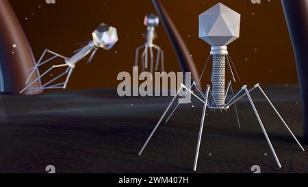 3D-Darstellung von Bakteriophagen, auch informell als Phagen bekannt Stockfoto