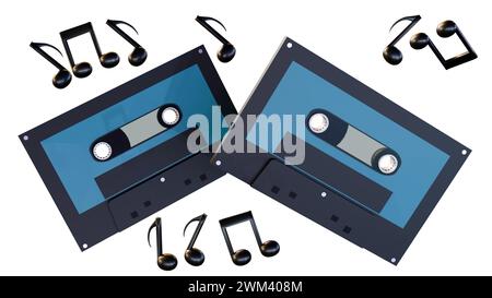 3D-Wiedergabe von Kassetten und Musiknoten auf weißem Hintergrund Stockfoto