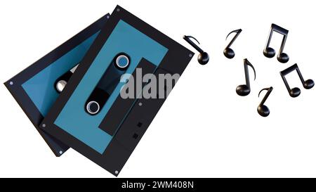 3D-Wiedergabe von Kassetten und Musiknoten auf weißem Hintergrund Stockfoto