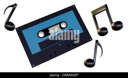 3D-Wiedergabe von Kassetten und Musiknoten auf weißem Hintergrund Stockfoto