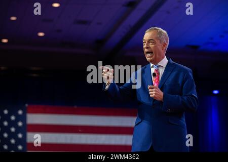 Maryland, USA. Februar 2024. Nigel Farage bei der Konservativen Politischen Aktionskonferenz 2024 in National Harbor, Maryland, USA, am Freitag, den 23. Februar, 2024. Vermerk: Annabelle Gordon /CNP /MediaPunch Vermerk: MediaPunch Inc/Alamy Live News Stockfoto