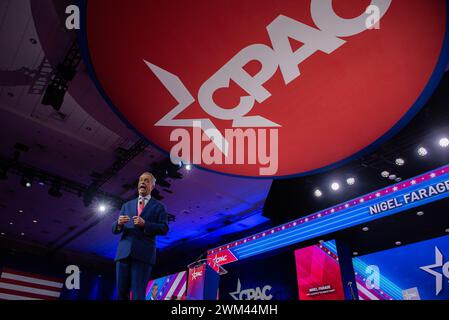 Maryland, USA. Februar 2024. Nigel Farage bei der Konservativen Politischen Aktionskonferenz 2024 in National Harbor, Maryland, USA, am Freitag, den 23. Februar, 2024. Vermerk: Annabelle Gordon /CNP /MediaPunch Vermerk: MediaPunch Inc/Alamy Live News Stockfoto