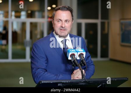 Vereinten Nationen, New York, USA, 23. Februar 2024 - Xavier Bettel, stellvertretender Premierminister und Außenminister des Großherzogtums Luxemburg Presser, heute im Hauptquartier der Vereinten Nationen in New York City. Foto: Luiz Rampelotto/EuropaNewswire nur redaktionelle Verwendung. Nicht für kommerzielle ZWECKE! Stockfoto