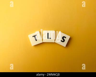 Draufsicht Wortspielzeug mit Text TLS Transport Layer Security auf gelbem Hintergrund. Stockfoto
