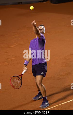 Rio De Janeiro, Brasilien. Februar 2024. Sebastian Baez aus Argentinien spielt im Viertelfinale gegen Thiago Monteiro aus Brasilien bei den ATP500 Rio Open 2024 im Jockey Club Brasileiro in Rio de Janeiro, Brasilien, 23. Februar 2024. Quelle: Wang Tiancong/Xinhua/Alamy Live News Stockfoto