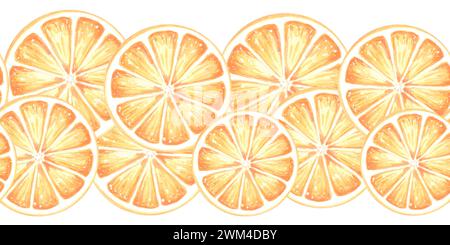 Nahtloser Rand mit runder Scheibe aus Orangen-Früchten. Aquarell handgezeichnete Illustration von saftigen Zitrusfrüchten. Vorlagenhintergrund mit Obstpflanzen stilisiert für Stockfoto