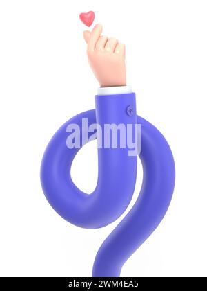 Cartoon Gesture Symbol Mockup.Stylized Cartoon 3D Rendering Handgeste repräsentiert das Fingerherz Symbol,eine Botschaft der Liebe.3D Rendering auf weißem Rücken Stockfoto