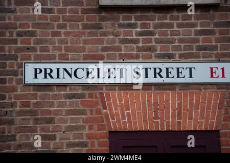 Schild für Princelet Street, Spitalfields, East London, London, UK. Stockfoto