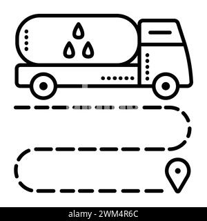 Flüssigkeitstransport per Lkw, Tankwagen mit Zisterne, großes Fahrzeug mit Tank, schwarze Linie Vektorsymbol Stock Vektor