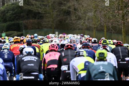 Gent, Belgien. Februar 2024. Die Gruppe von Fahrern, die während der 79. Auflage des eintägigen Radrennens Omloop Het Nieuwsblad (UCI World Tour), 202 km von Gent nach Ninove, am Samstag, den 24. Februar 2024, in Aktion genommen wurden. BELGA FOTO DIRK WAEM Credit: Belga News Agency/Alamy Live News Stockfoto